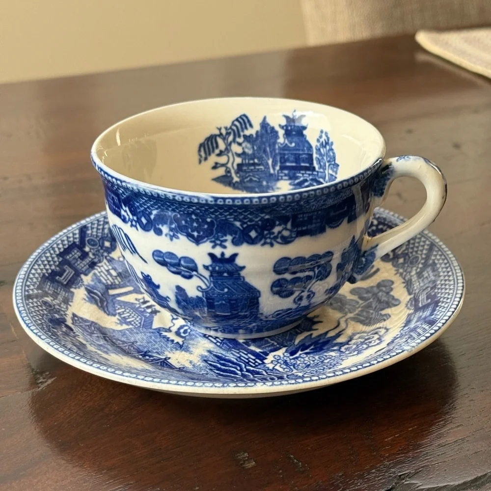 Antique Blue Willow Tea Cup and Saucer - original Japanese - Picture 1 of 7